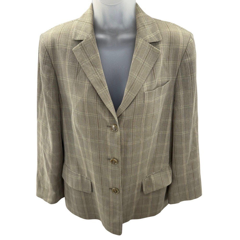 Brooks Brothers Womens Size 12 Linen Wool Plaid Blazer Jacket Brown Tan